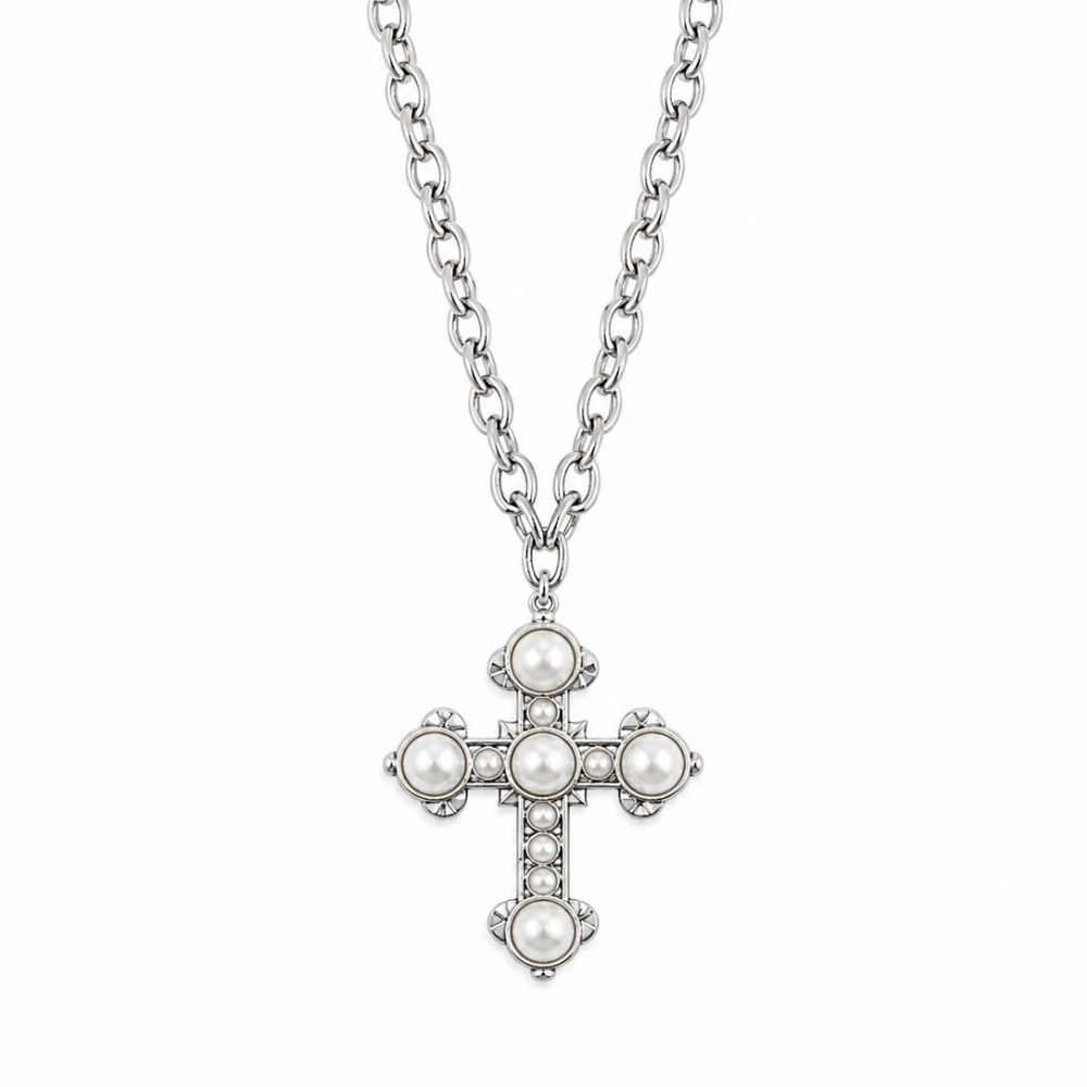Colar Elo Português com Crucifixo de Pérolas em Ródio