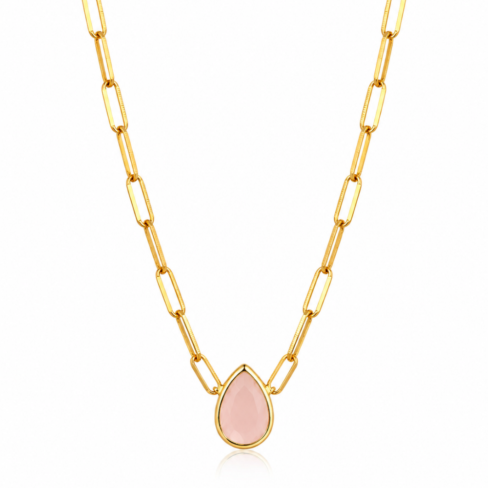 Colar Elo Cartier com Pedra Cristal Rosa em Gota