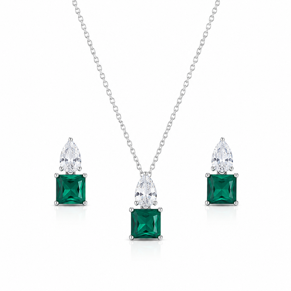 Conjunto Colar e Brincos com Zircônias Cristal e Esmeralda
