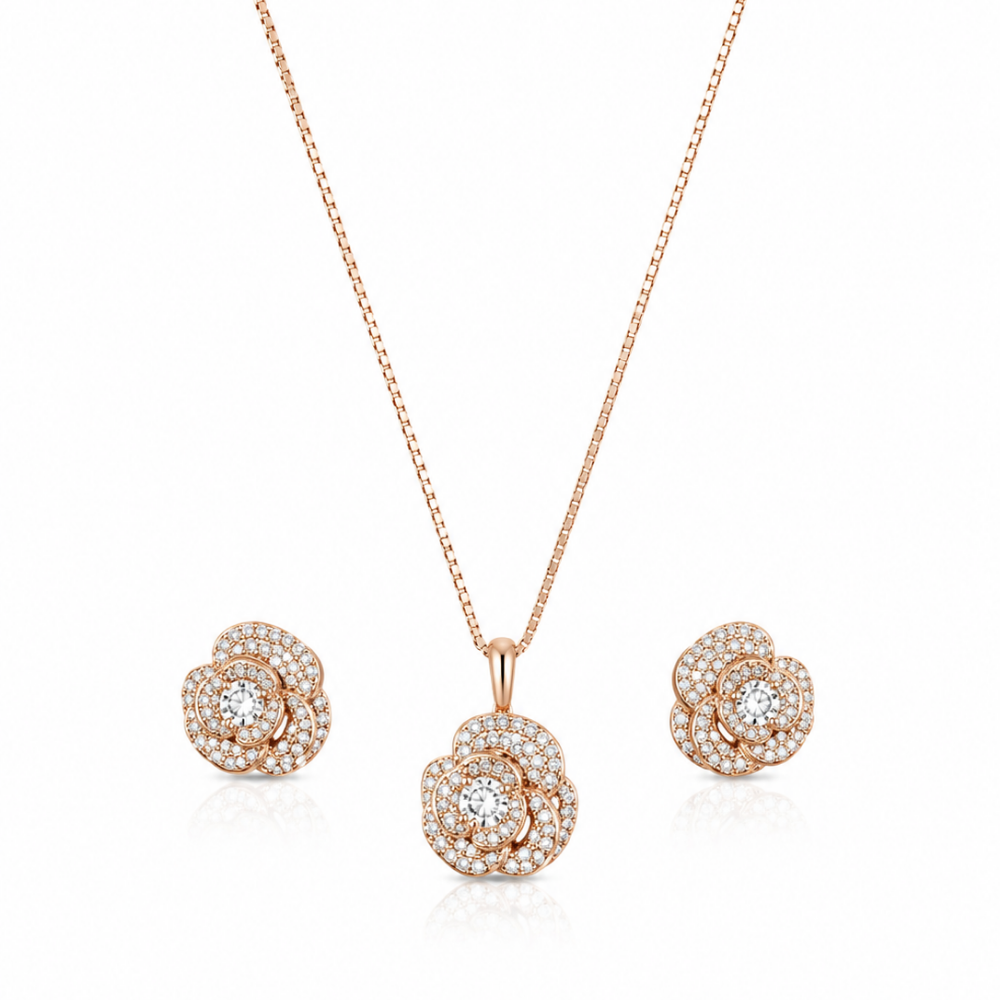 Conjunto Colar e Brincos Flor Cravejada com Microzircônias