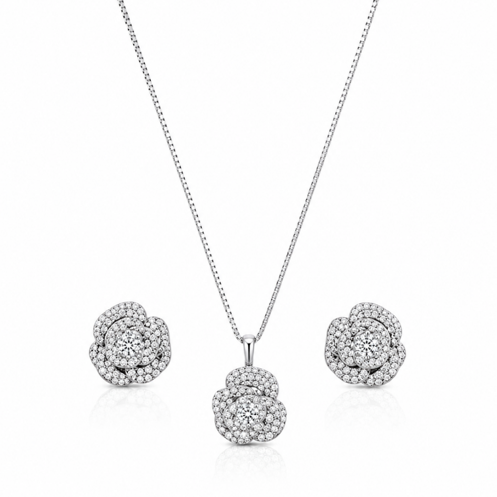 Conjunto Colar e Brincos Flor Cravejada com Microzircônias