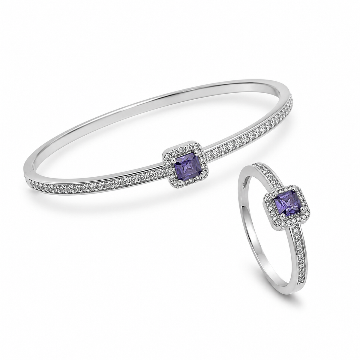 Conjunto Bracelete e Anel com Pedra Lilás e Banho em Ródio