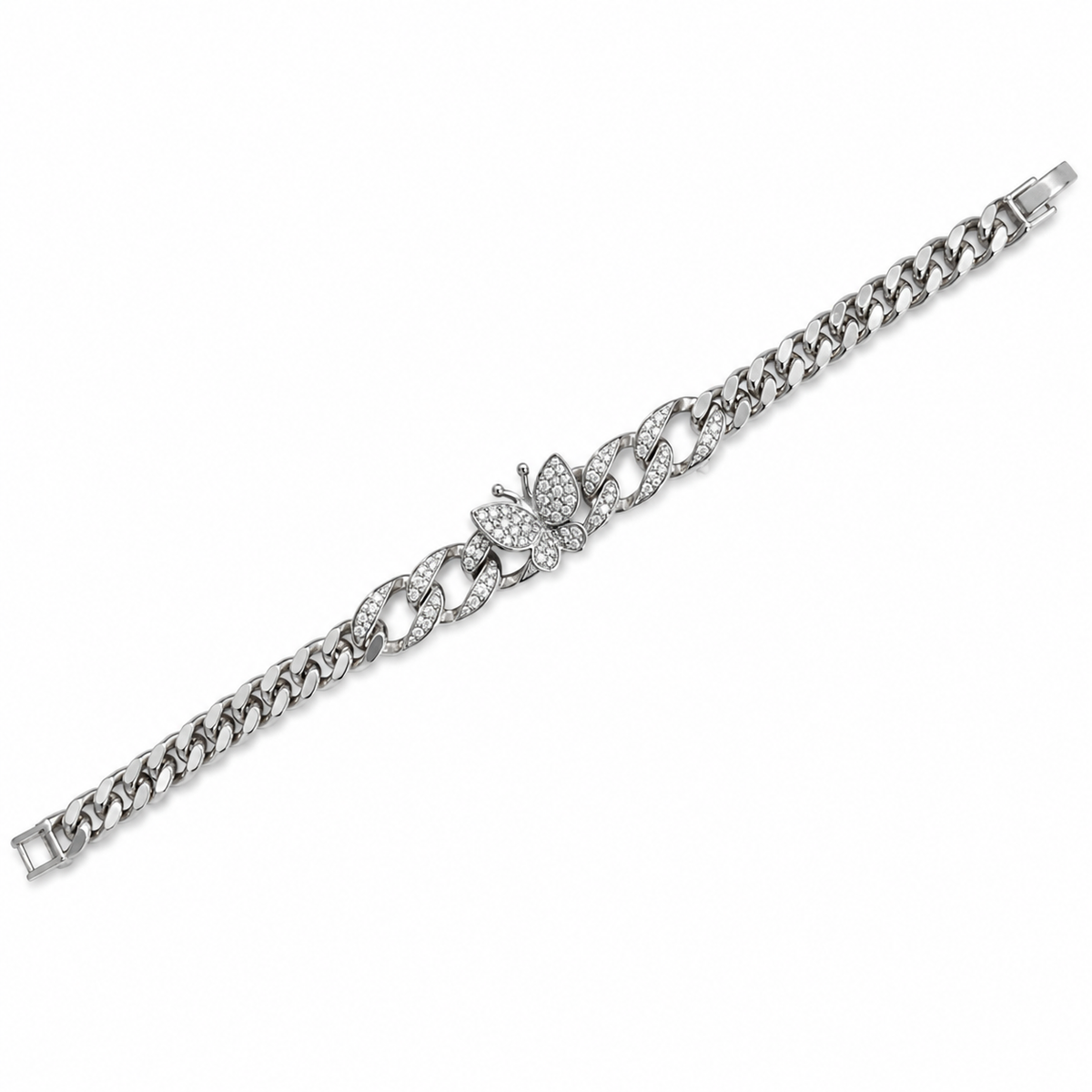 Pulseira Elos com Borboleta Cravejada de Microzircônias em Ródio Branco