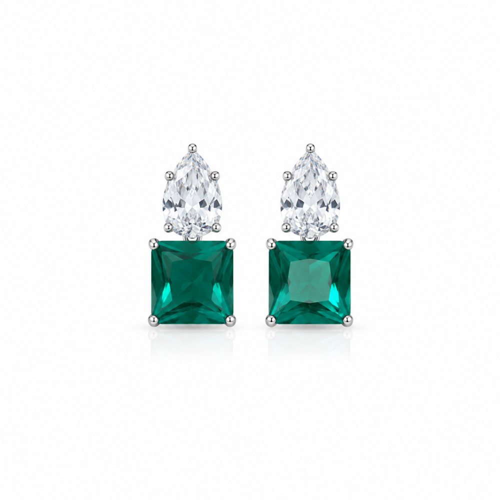 Conjunto Colar e Brincos com Zircônias Cristal e Esmeralda