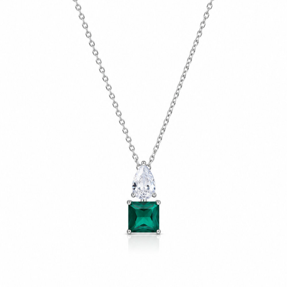 Conjunto Colar e Brincos com Zircônias Cristal e Esmeralda