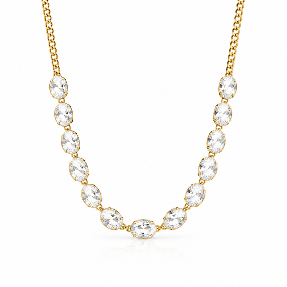 Colar Groumet com Zircônias Cristal Ovais Banho em Ouro 40 cm