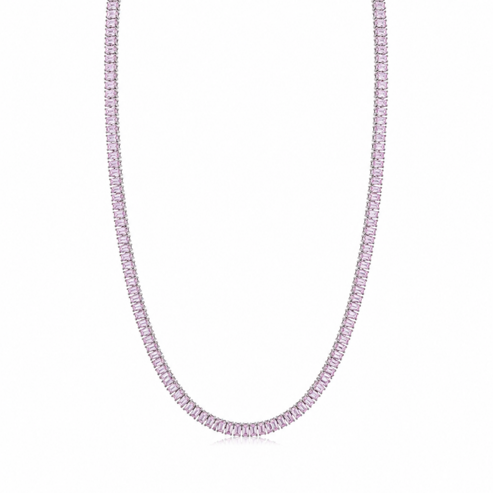 Colar Riviera Baguete Zircônia Quartzo Rosa com Banho em Ródio
