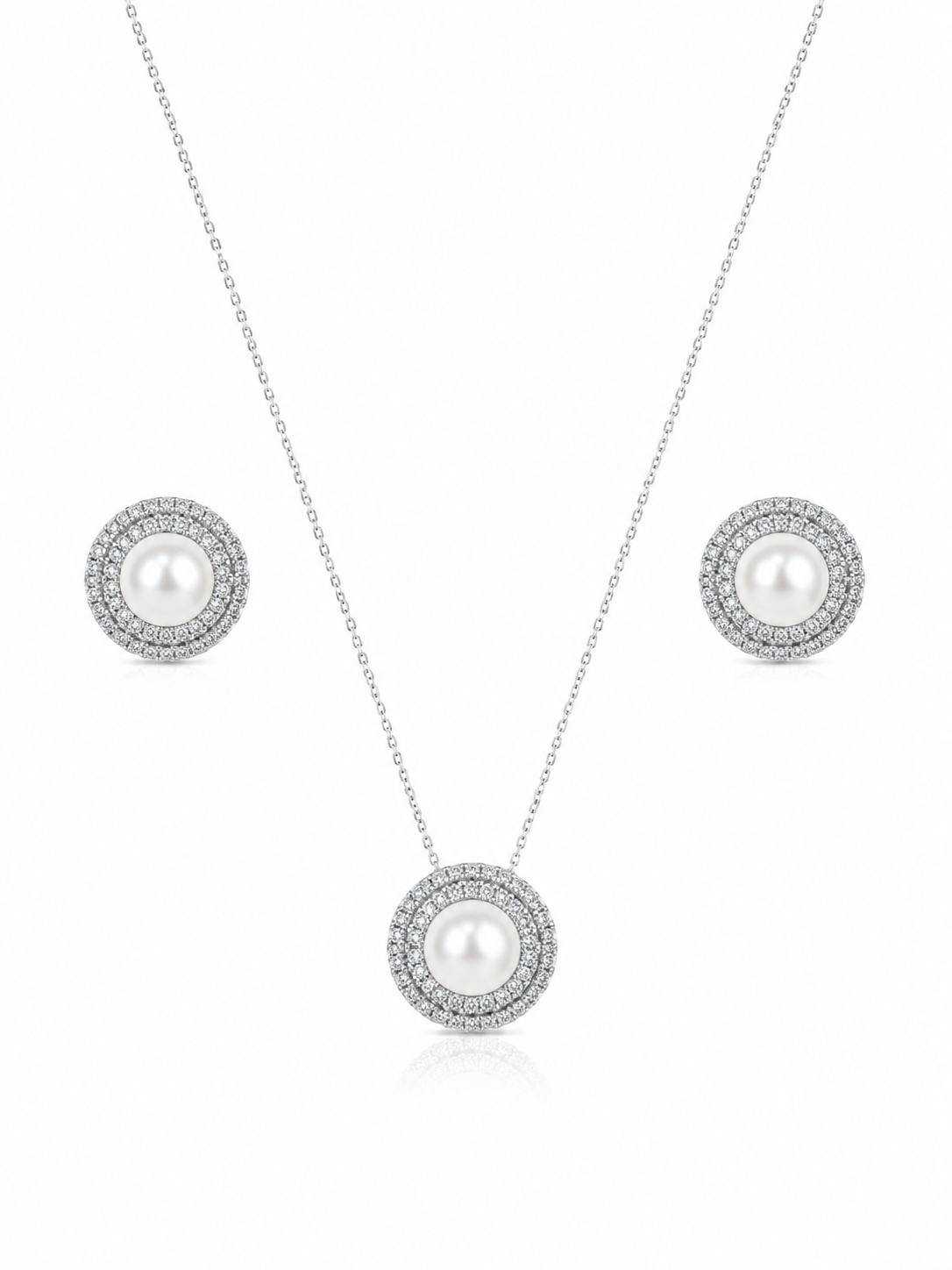 Conjunto com Pérolas e Zircônias em Ródio Branco