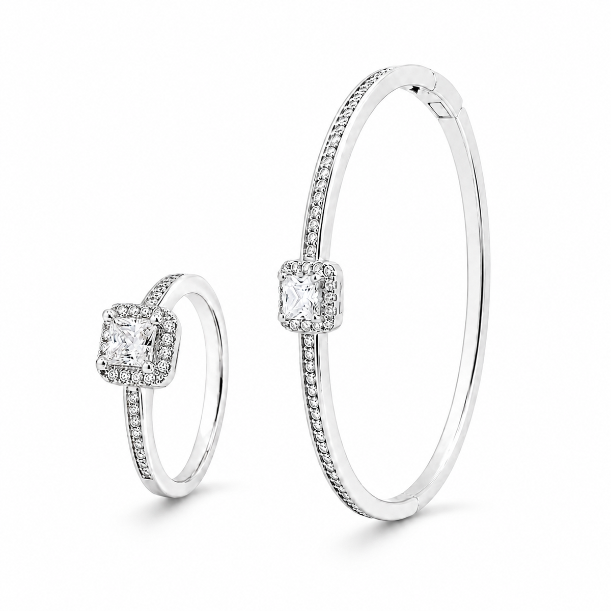Conjunto Bracelete e Anel com Zircônia Cristal e Banho em Ródio